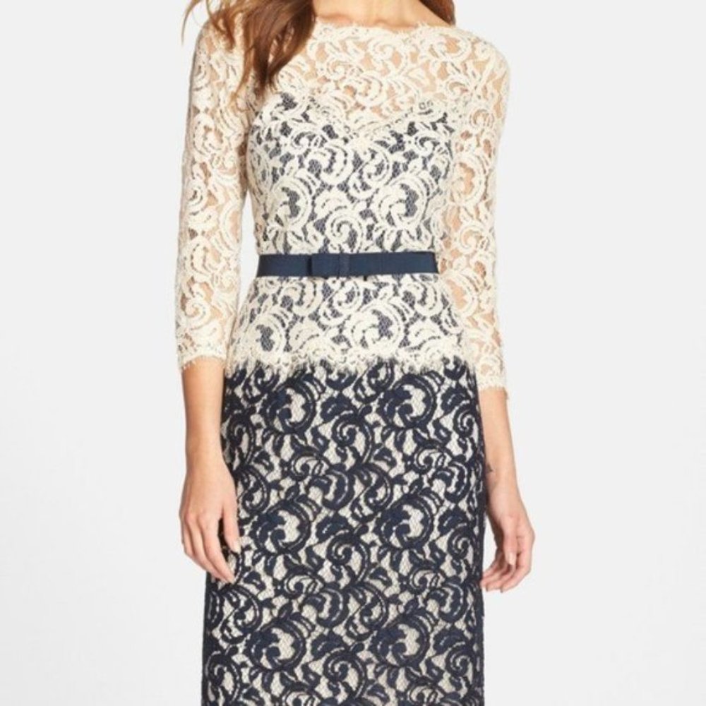 NWT Tadashi Shoji Navy/Ivory Color Block Lace Gown Size 8